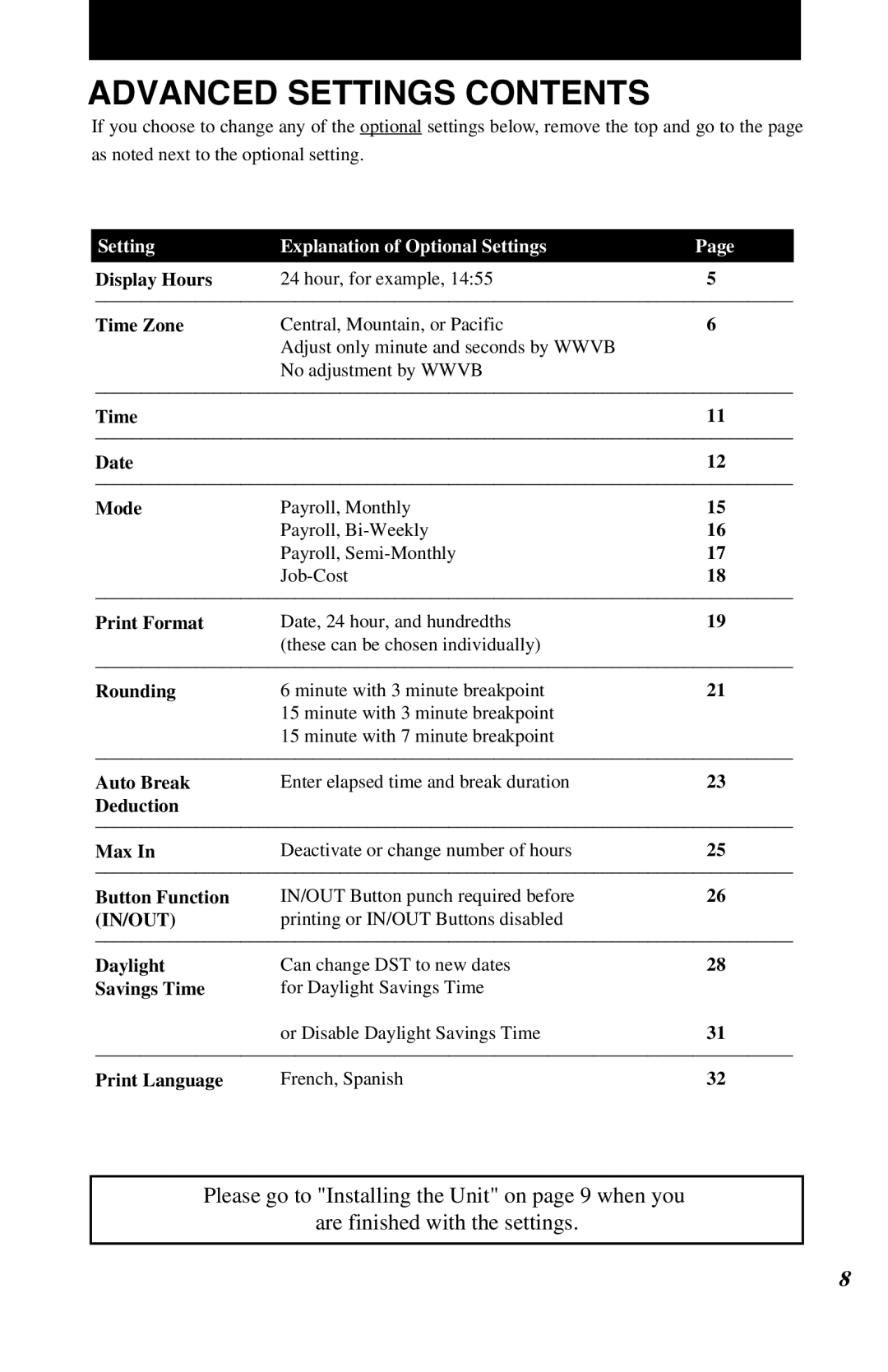 Lathem 7500E manual Advanced Settings Contents 