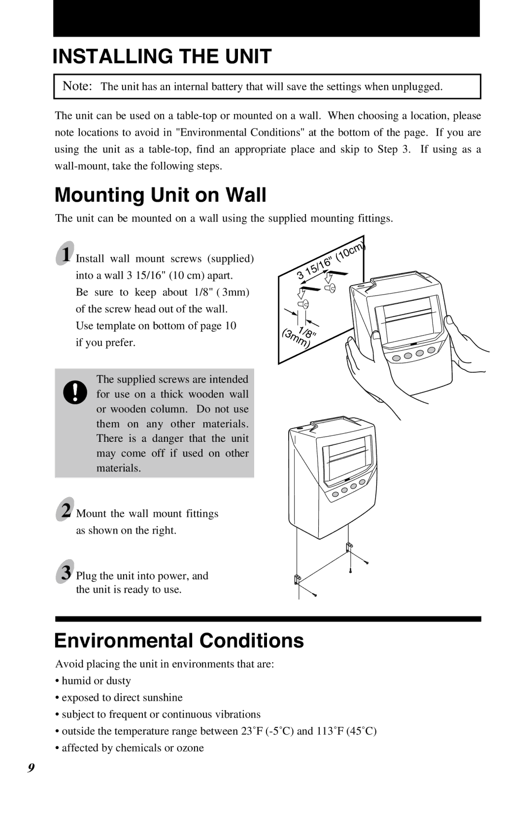 Lathem 7500E manual Mounting Unit on Wall, Environmental Conditions 