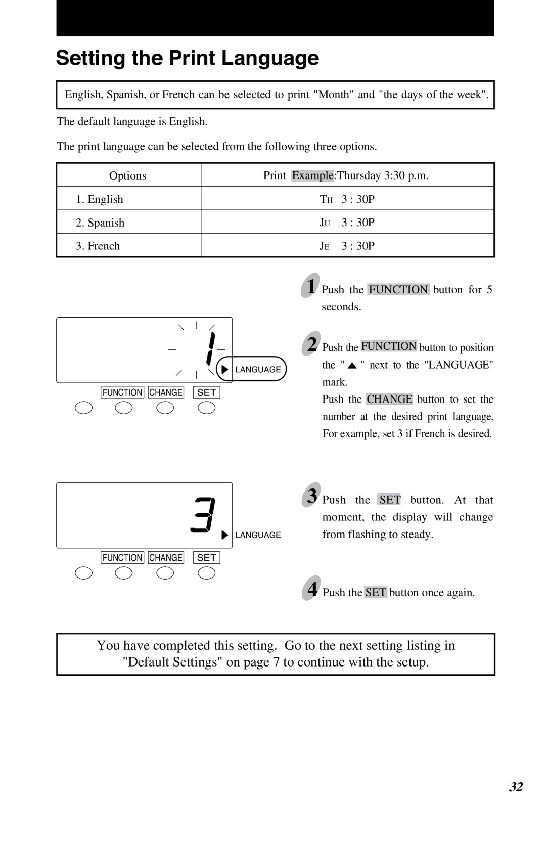 Lathem 7500E manual Setting the Print Language 