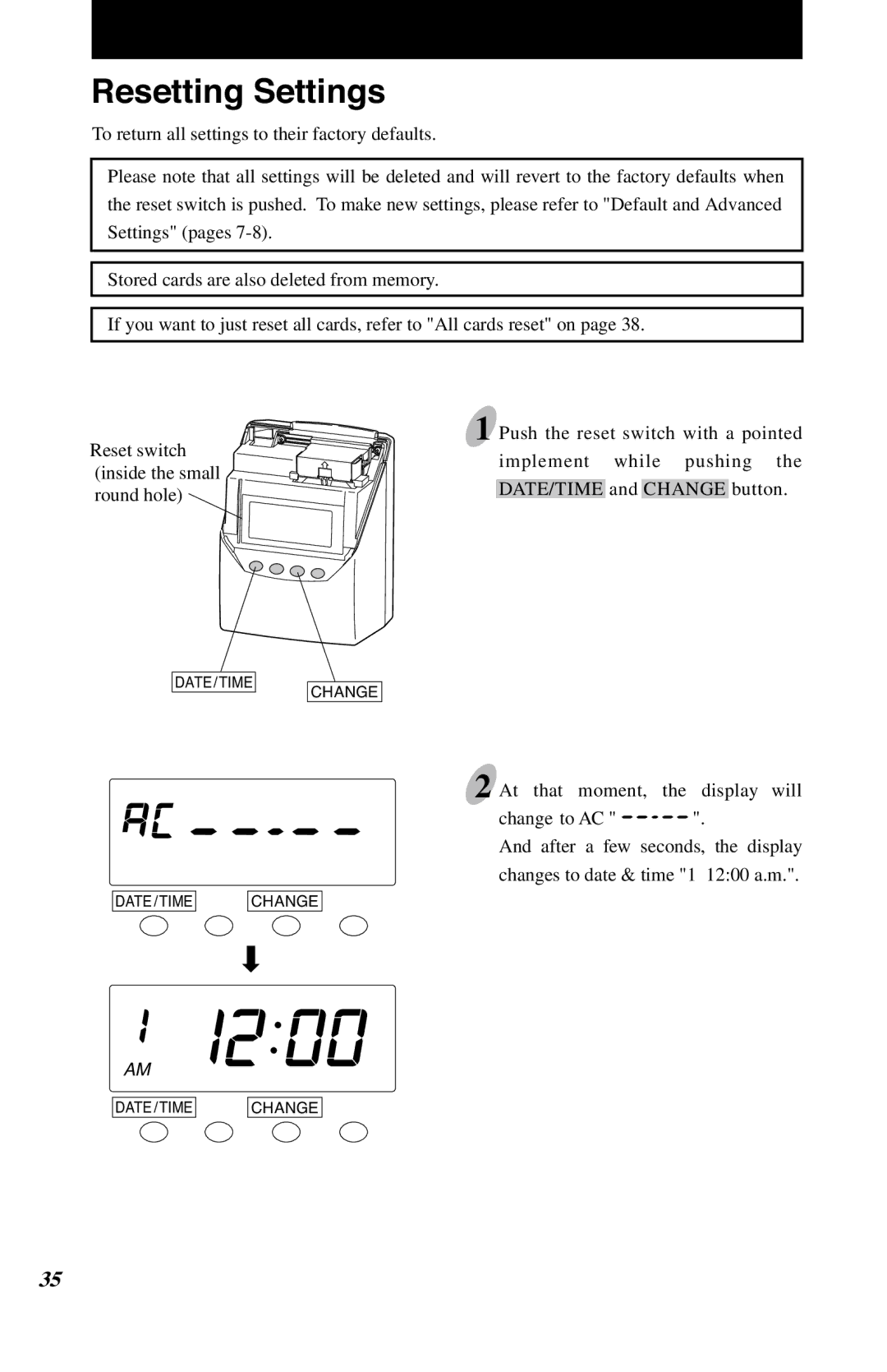 Lathem 7500E manual Resetting Settings 