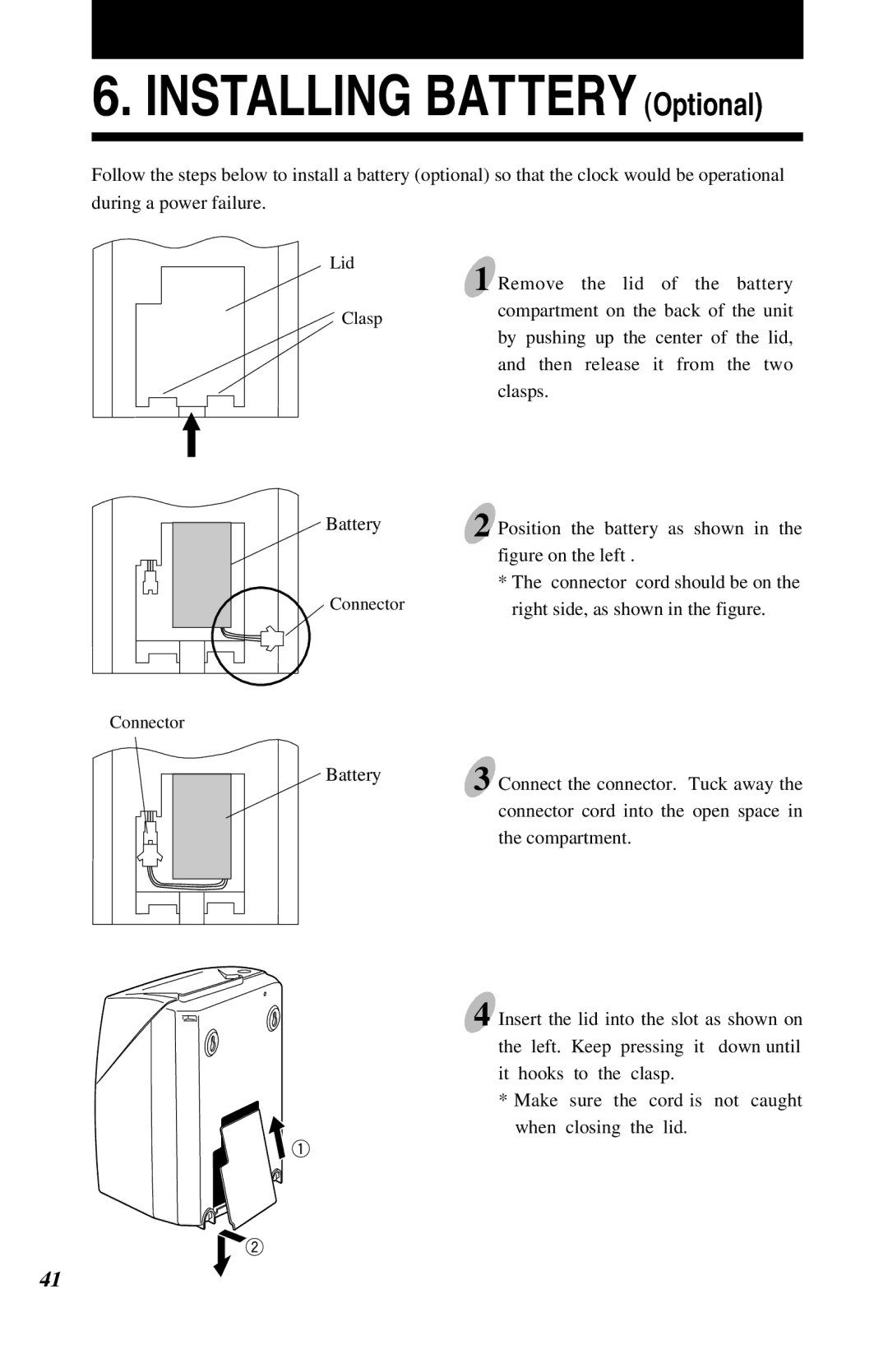 Lathem 7500E manual Installing Battery Optional 