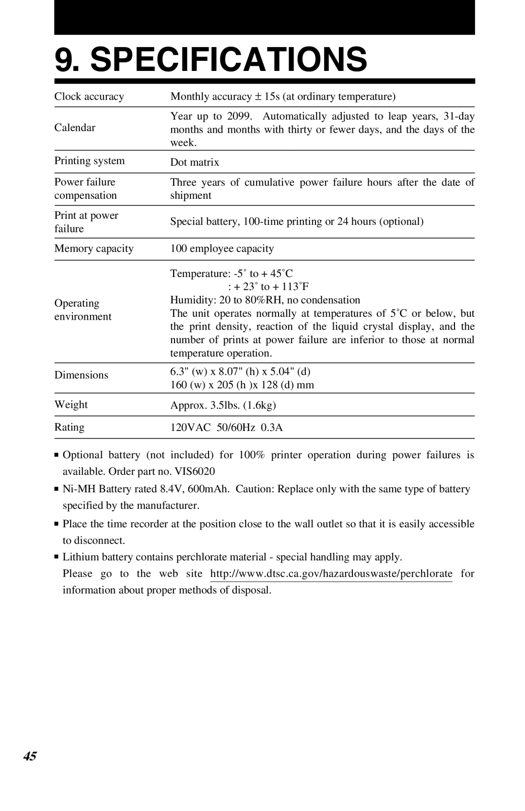 Lathem 7500E manual Specifications 