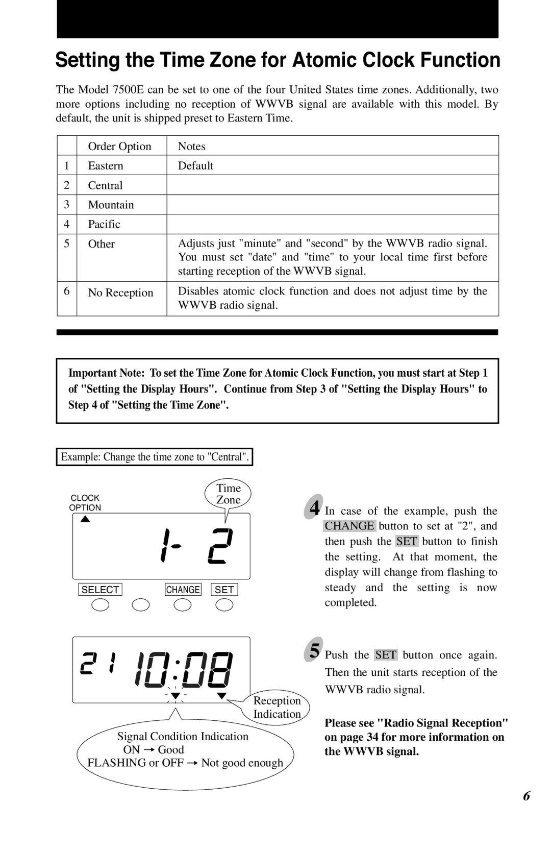 Lathem 7500E manual Setting the Time Zone for Atomic Clock Function 