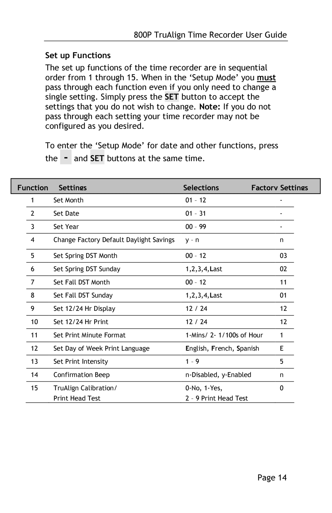 Lathem 800P manual Function Settings Selections Factory Settings 