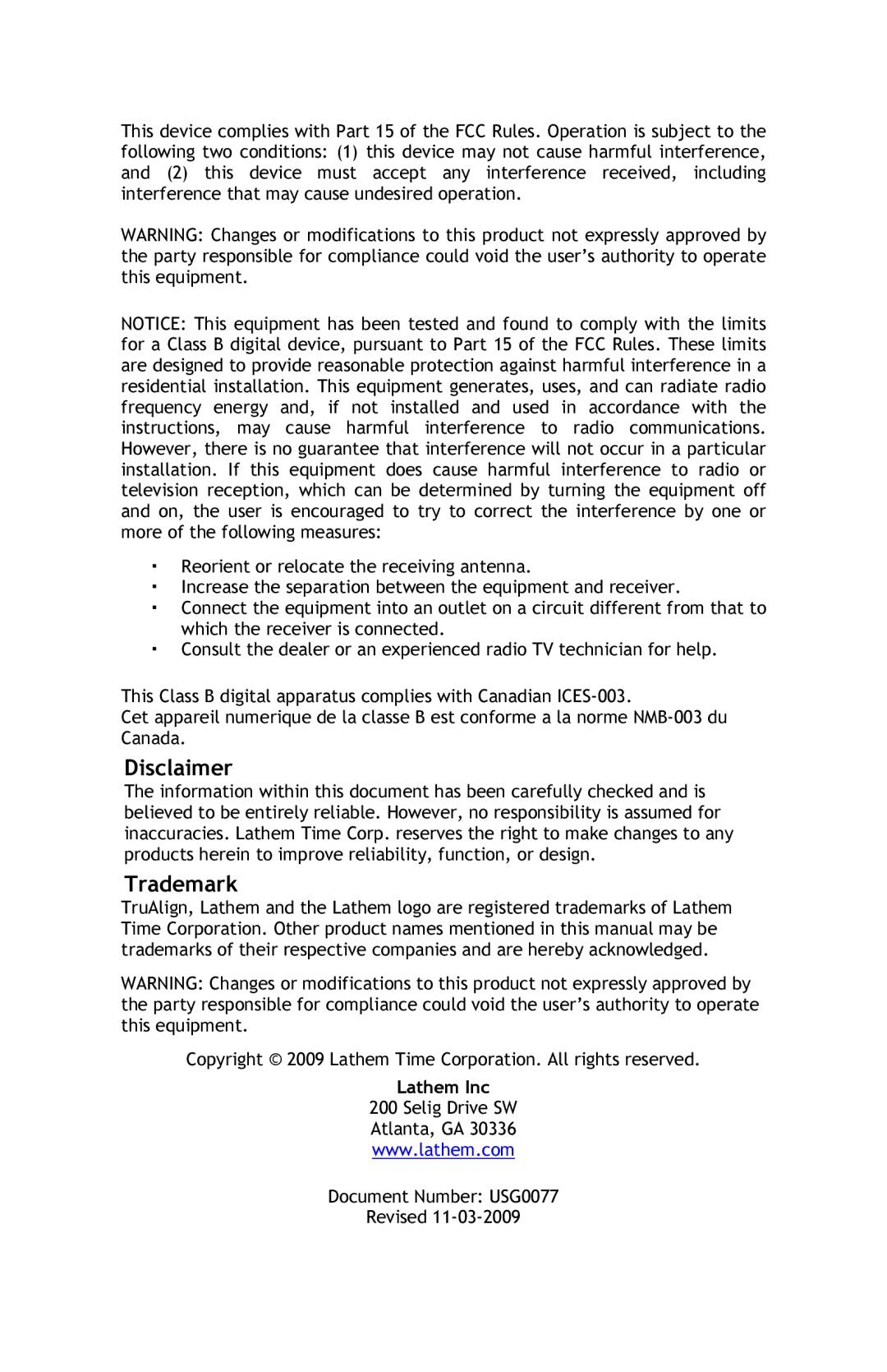 Lathem 800P manual Disclaimer 