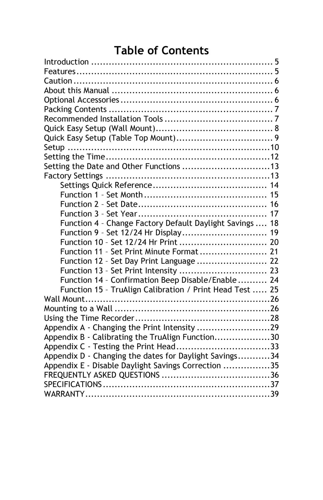 Lathem 800P manual Table of Contents 