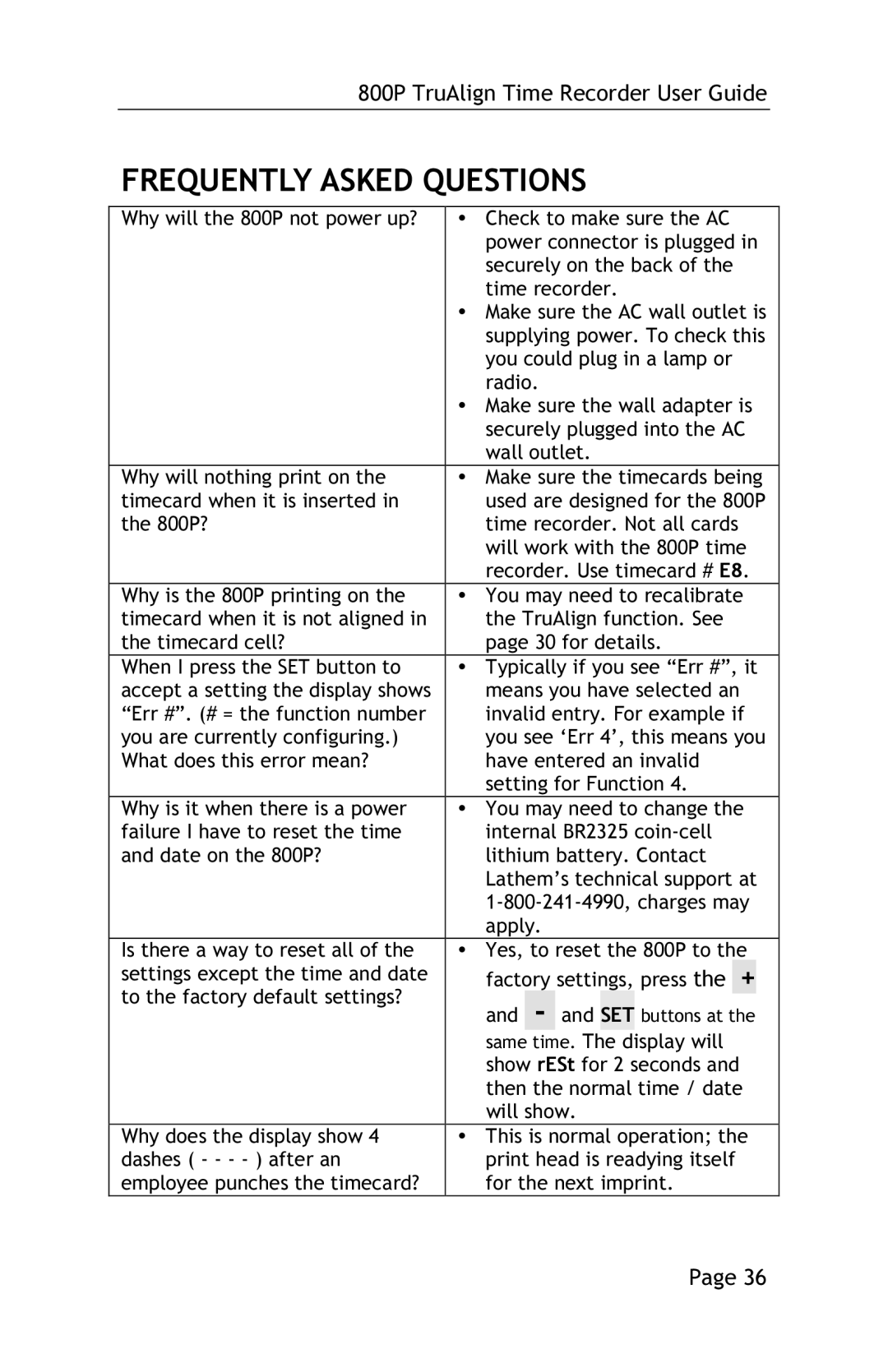 Lathem 800P manual Frequently Asked Questions 