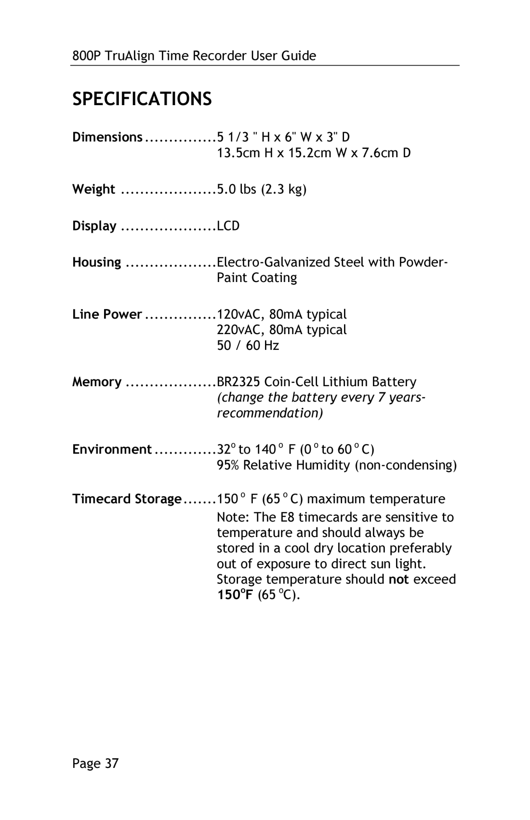 Lathem 800P manual Specifications 