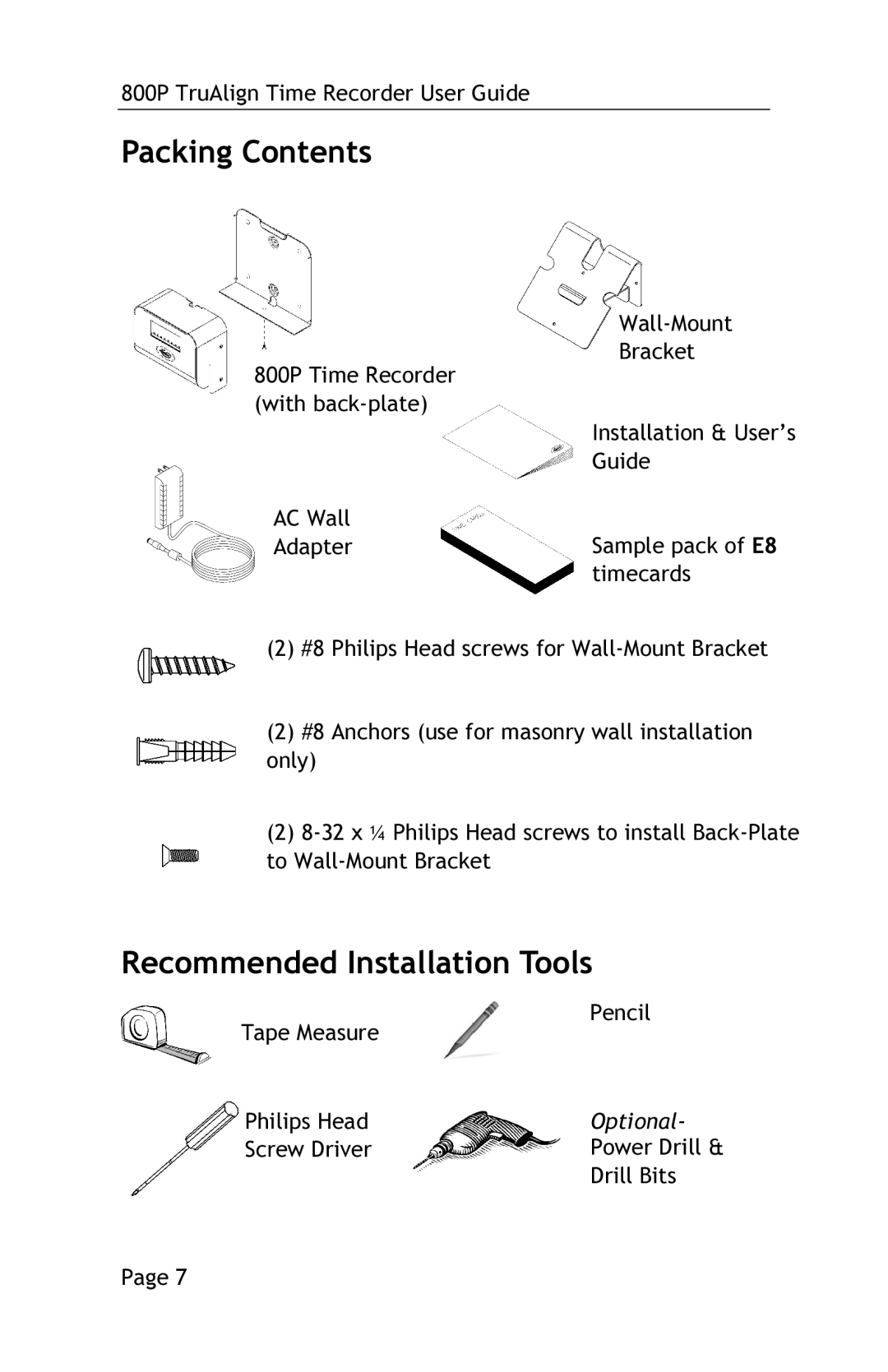 Lathem 800P manual Packing Contents, Recommended Installation Tools 