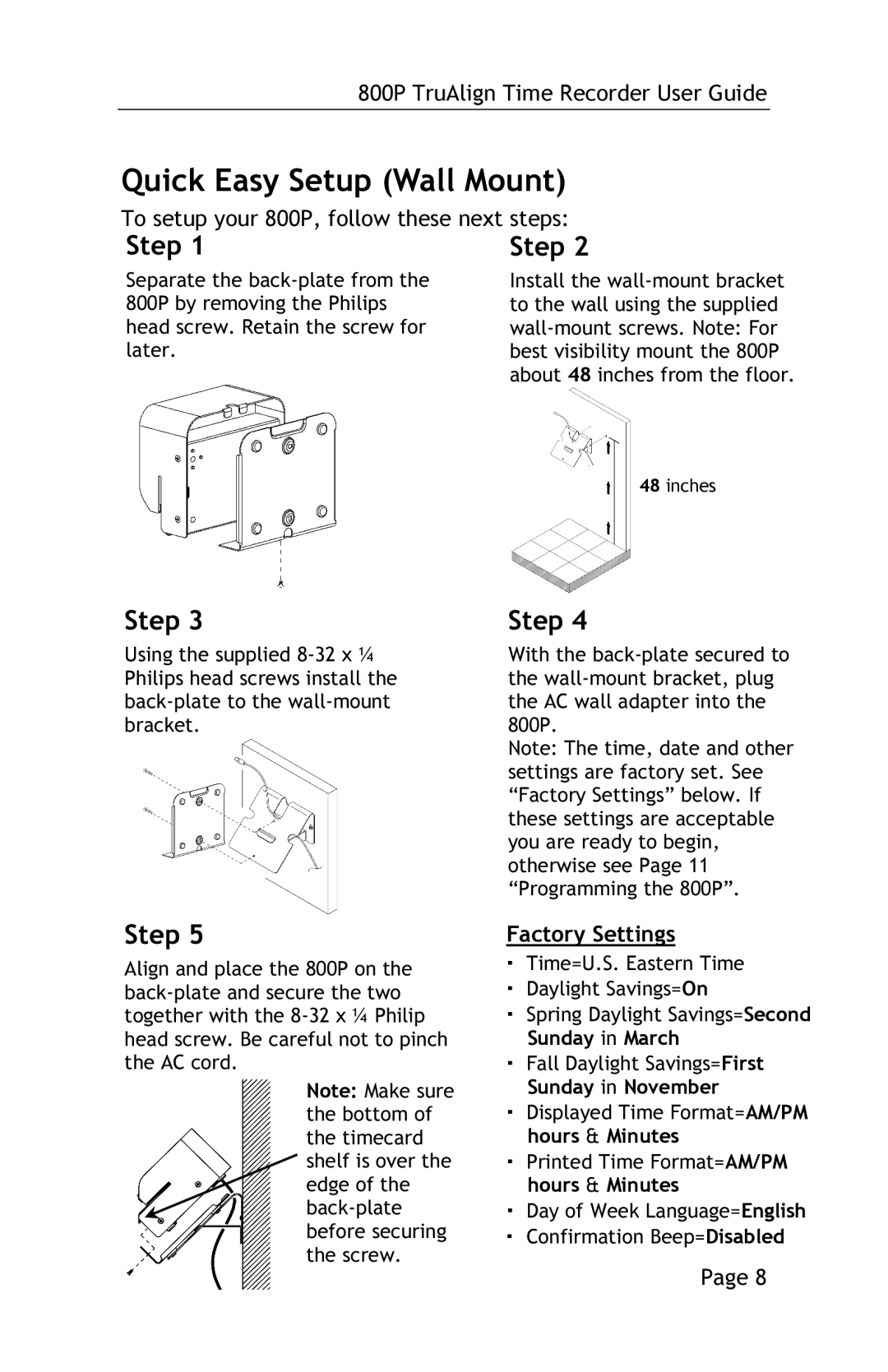 Lathem 800P manual Quick Easy Setup Wall Mount, Step 