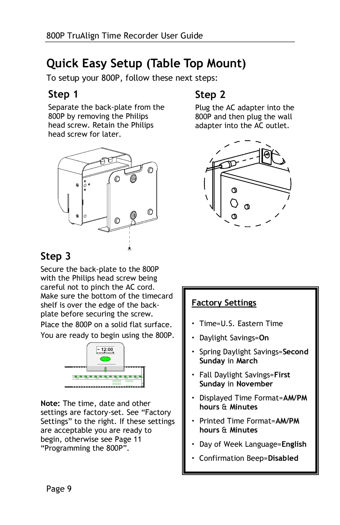 Lathem 800P manual Quick Easy Setup Table Top Mount, Time=U.S. Eastern Time Daylight Savings=On 