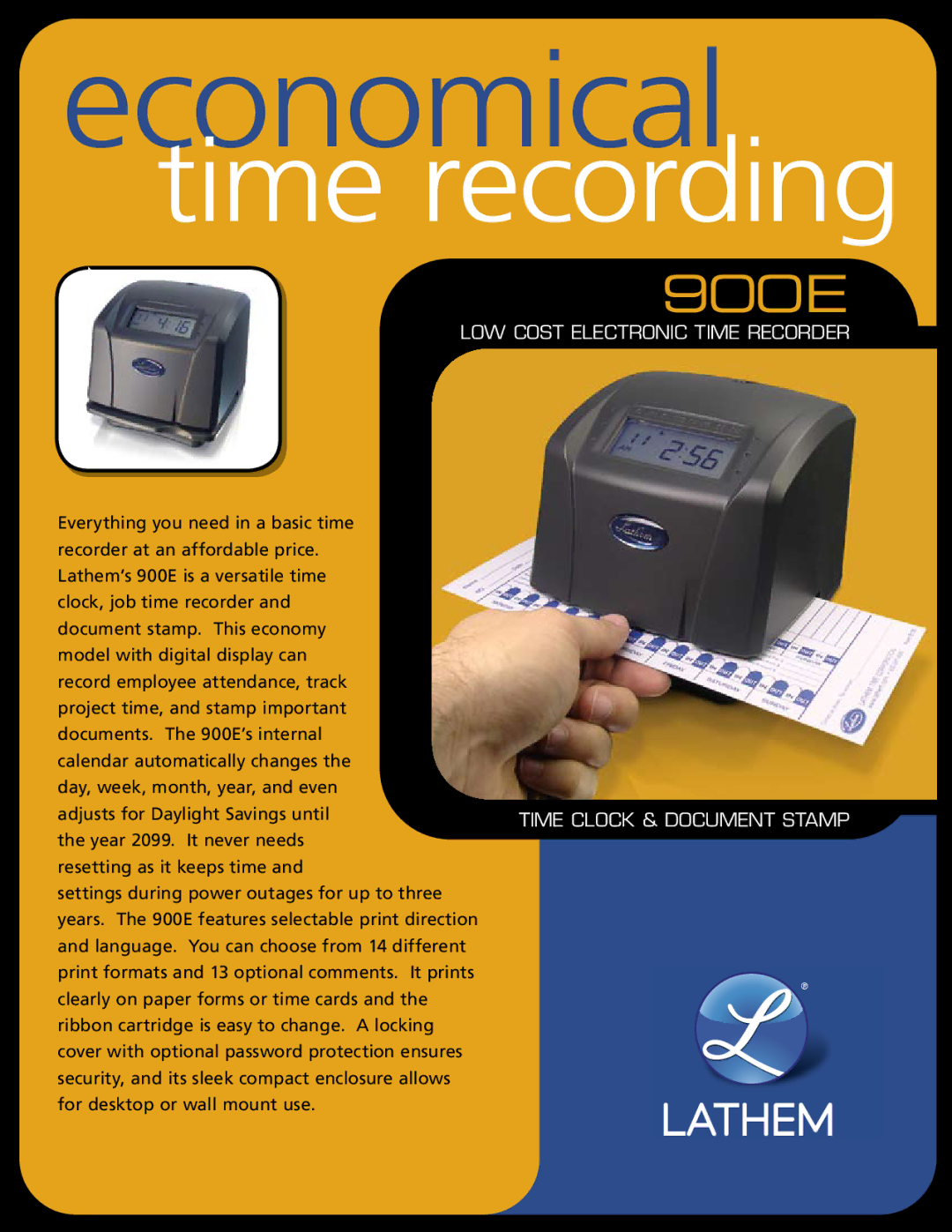 Lathem 900E manual Low cost electronic time recorder, Time Clock & Document Stamp 