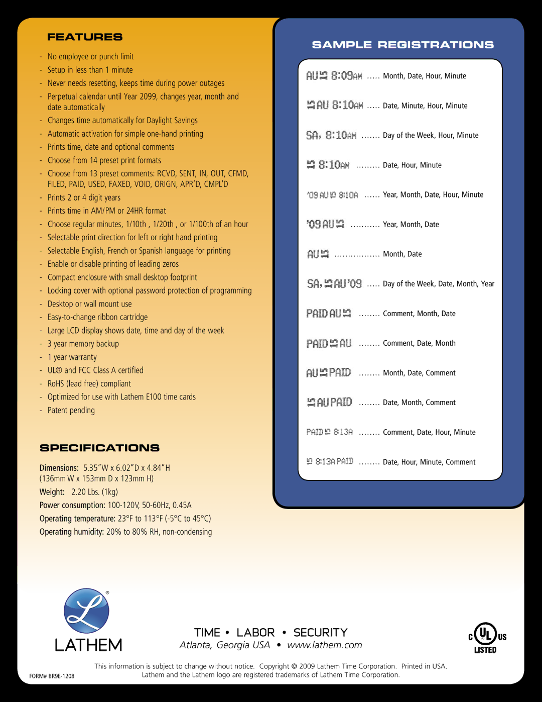 Lathem 900E manual Features, Specifications 