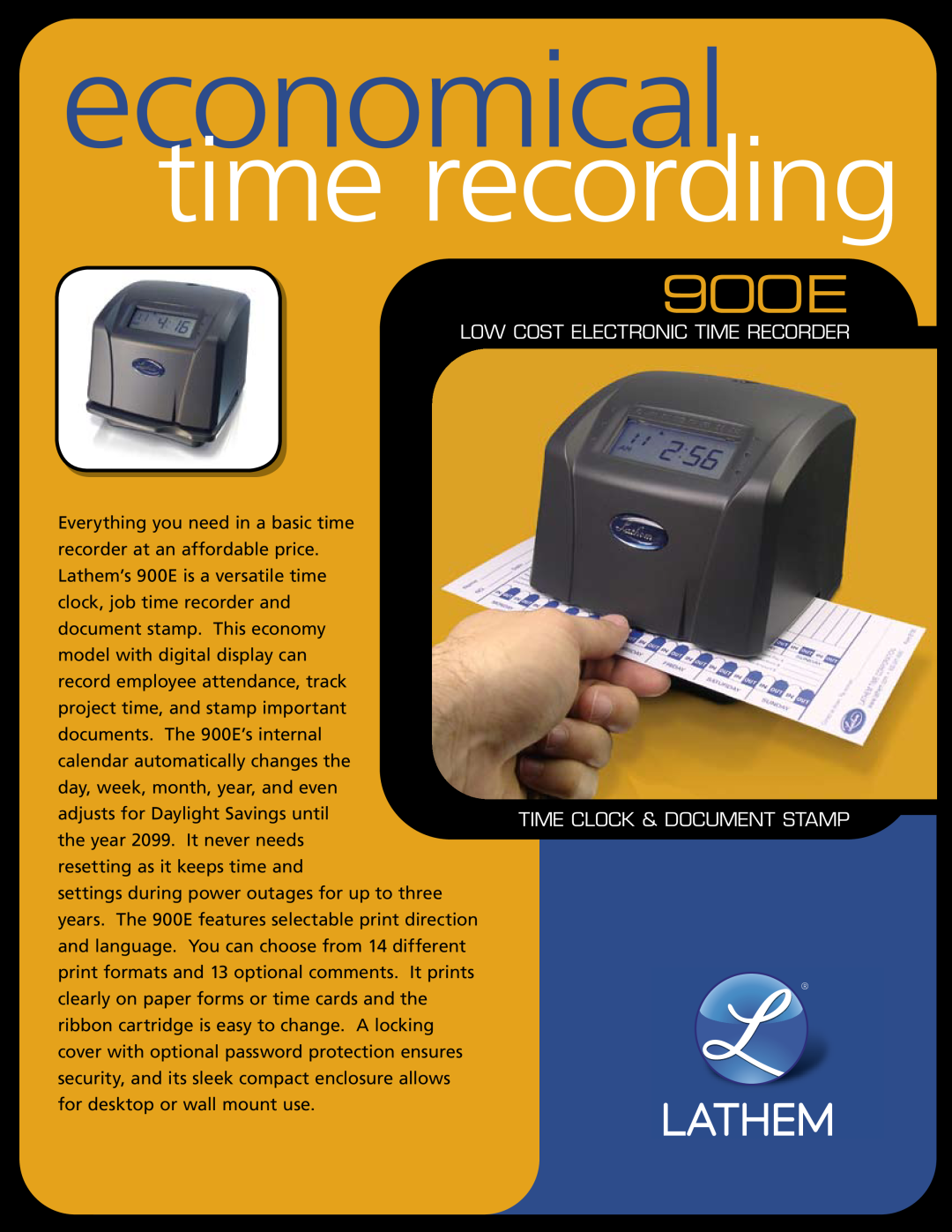 Lathem 900E manual economical, time recording, Low cost electronic time recorder, Time Clock & Document Stamp 