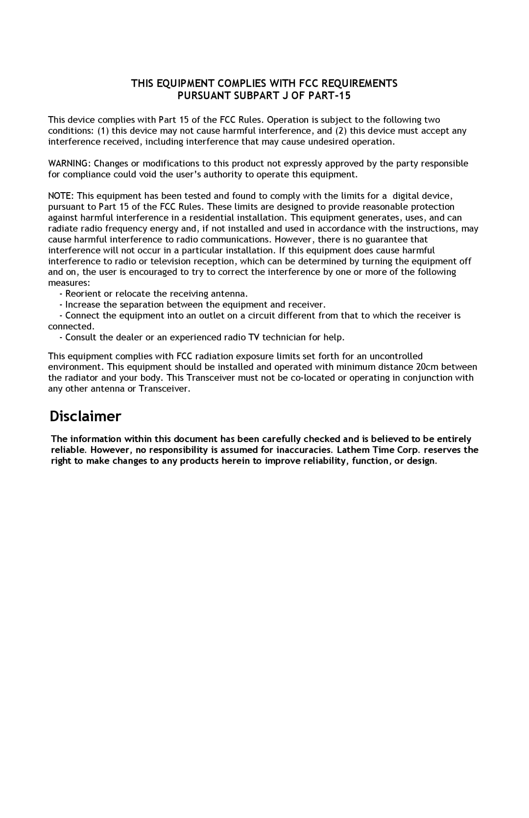 Lathem AT-DDC4 manual Disclaimer 