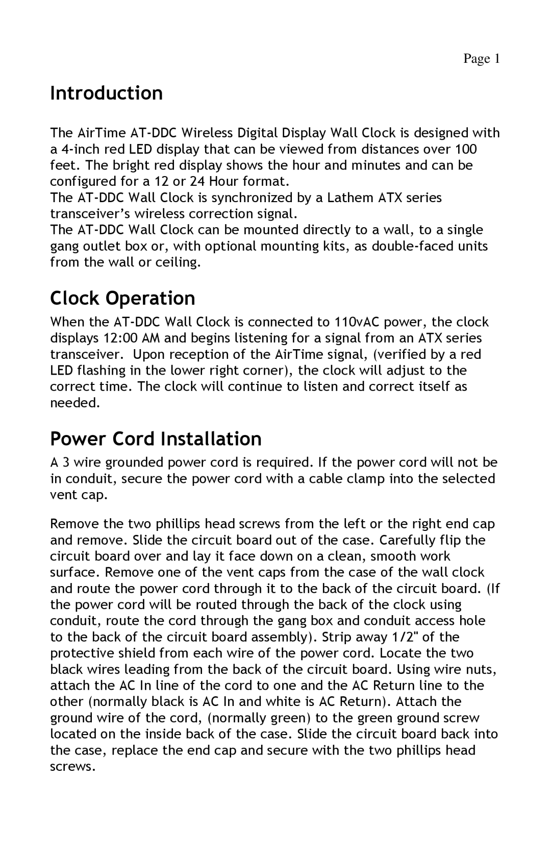 Lathem AT-DDC4 manual Introduction, Clock Operation, Power Cord Installation 