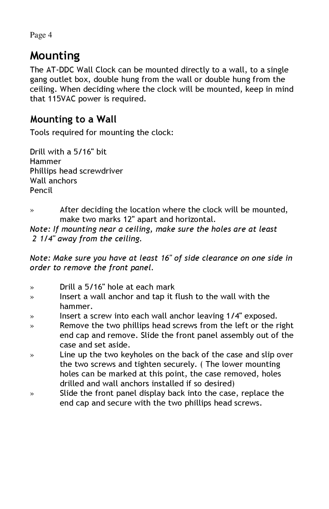 Lathem AT-DDC4 manual Mounting to a Wall 