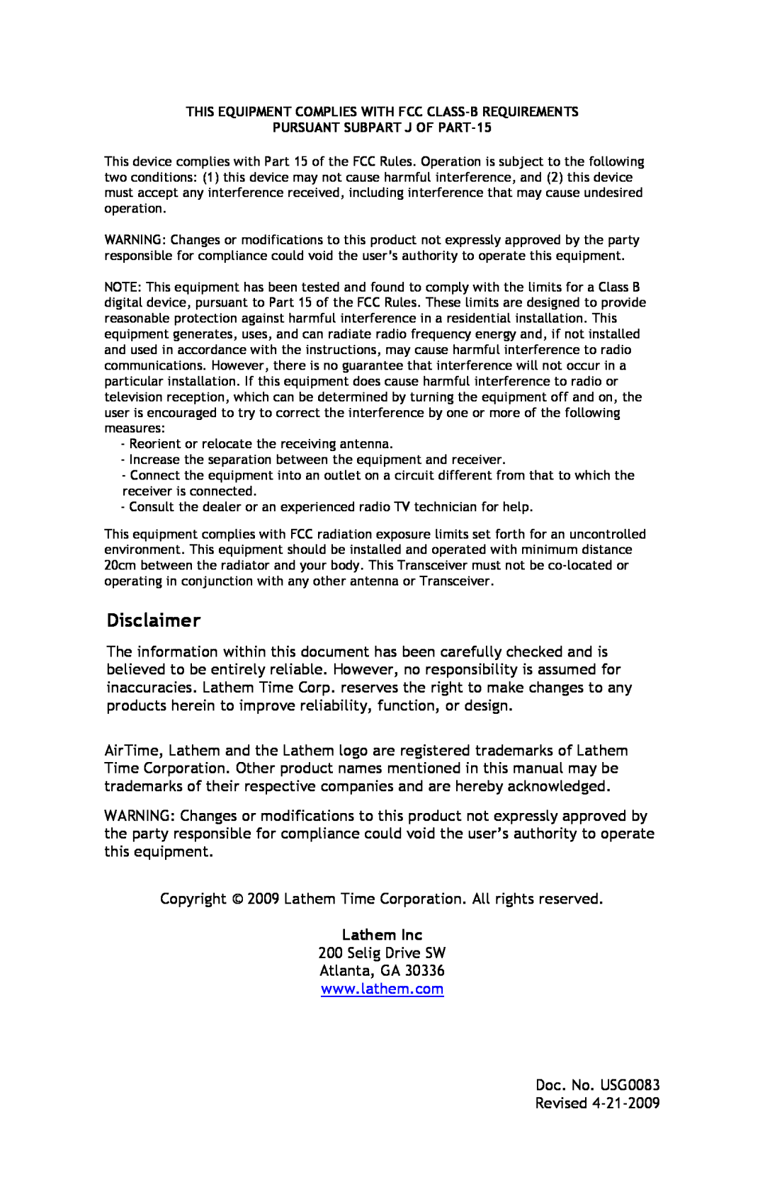 Lathem AT-MSX manual Disclaimer, Copyright 2009 Lathem Time Corporation. All rights reserved, Doc. No. USG0083 Revised 