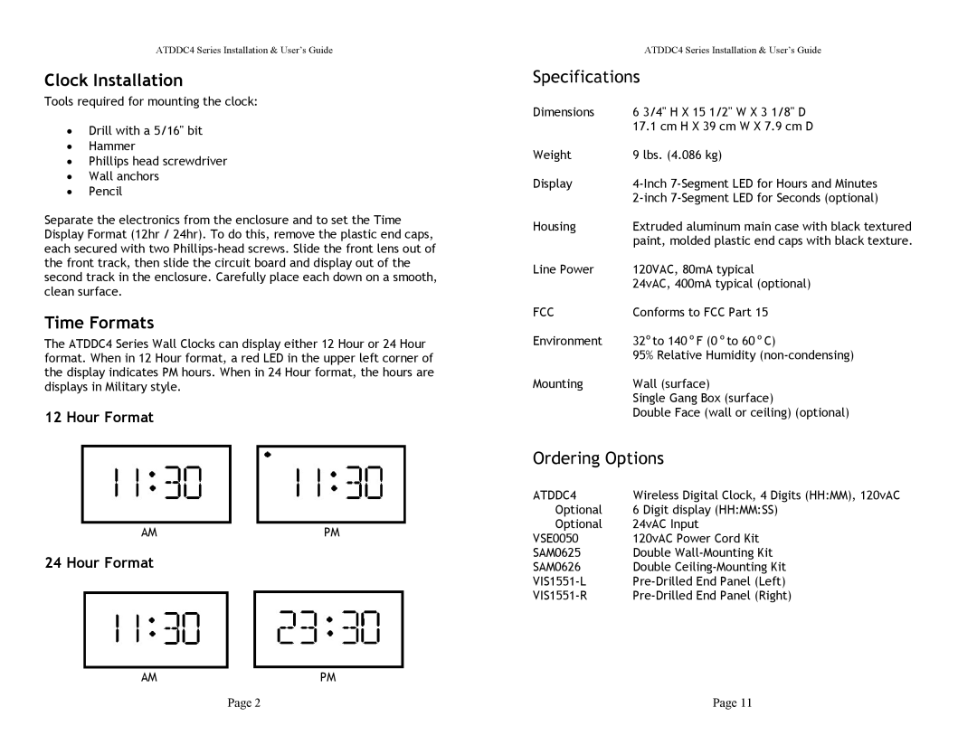 Lathem ATDDC4 manual Clock Installation, Time Formats, Specifications, Ordering Options, Hour Format 