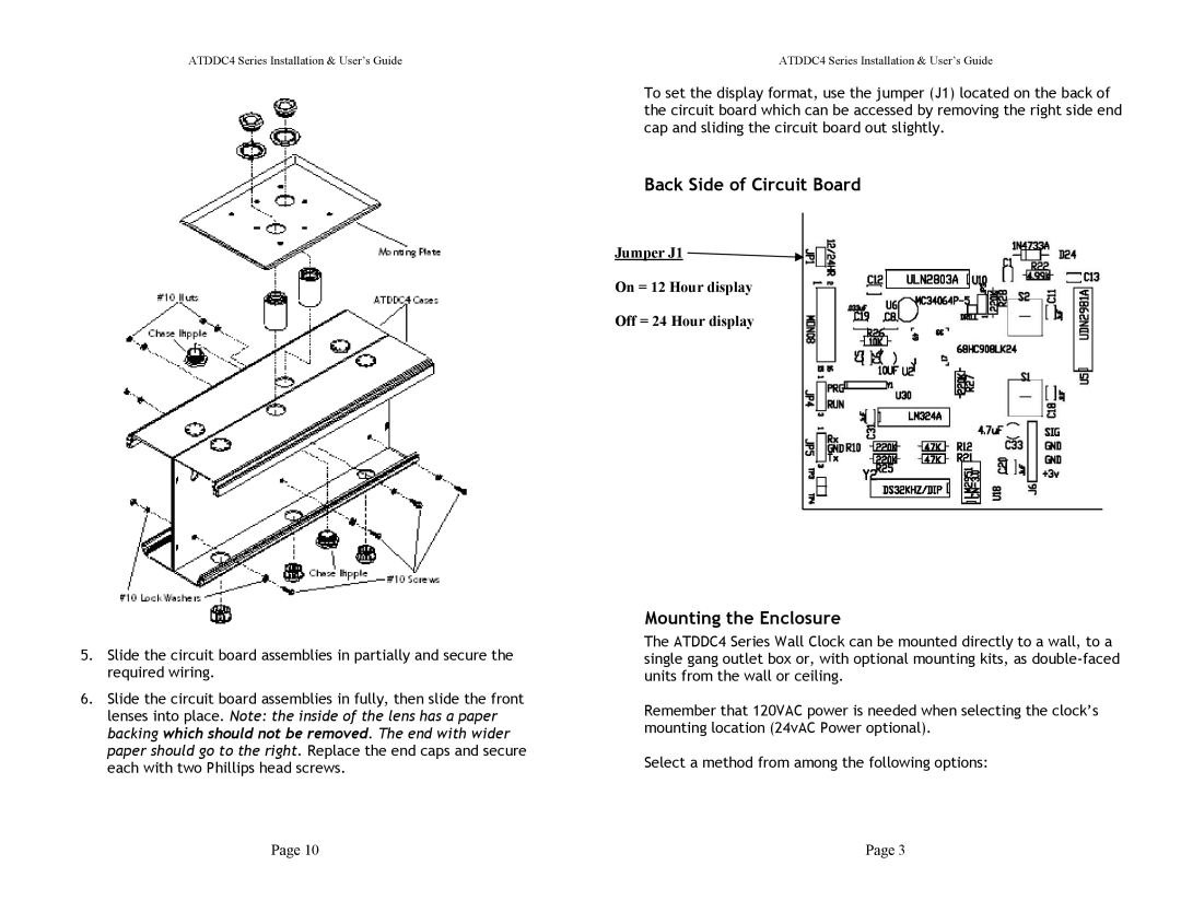 Lathem ATDDC4 Back Side of Circuit Board, Mounting the Enclosure, Jumper J1 On = 12 Hour display Off = 24 Hour display 