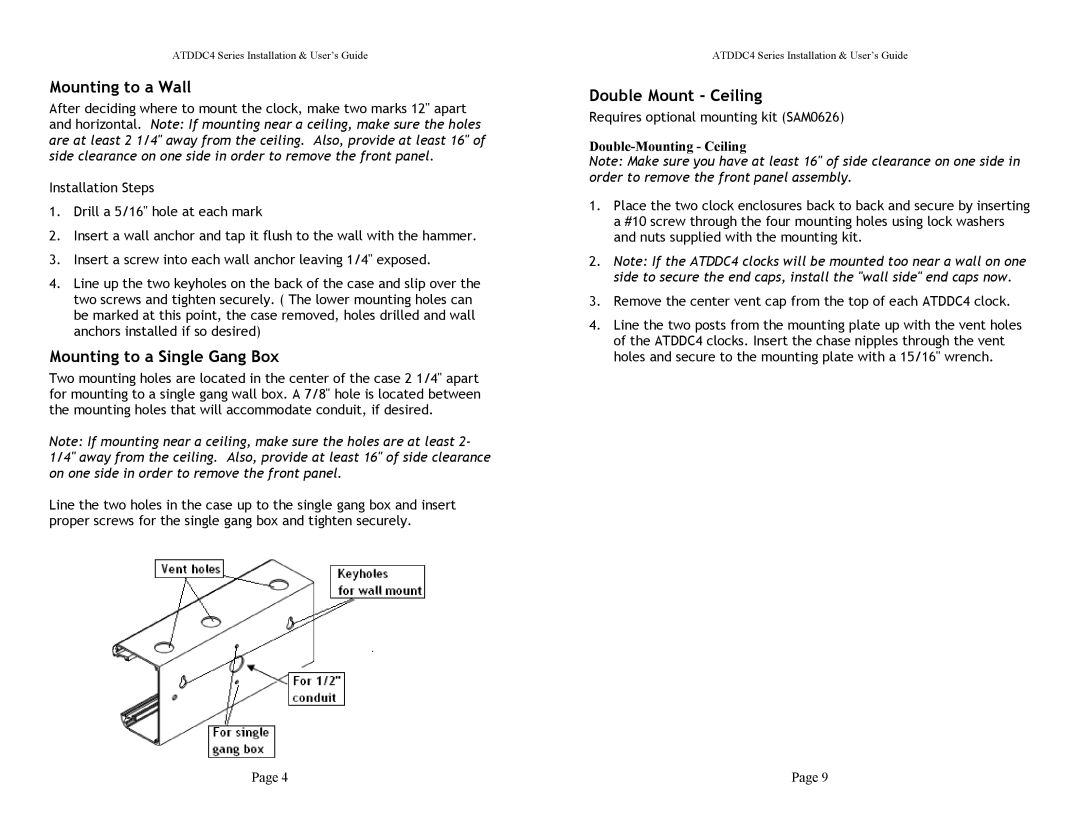 Lathem ATDDC4 manual Mounting to a Wall, Mounting to a Single Gang Box, Double Mount Ceiling, Double-Mounting Ceiling 