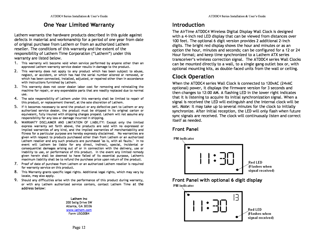 Lathem ATDDC4 manual One Year Limited Warranty, Introduction, Clock Operation 