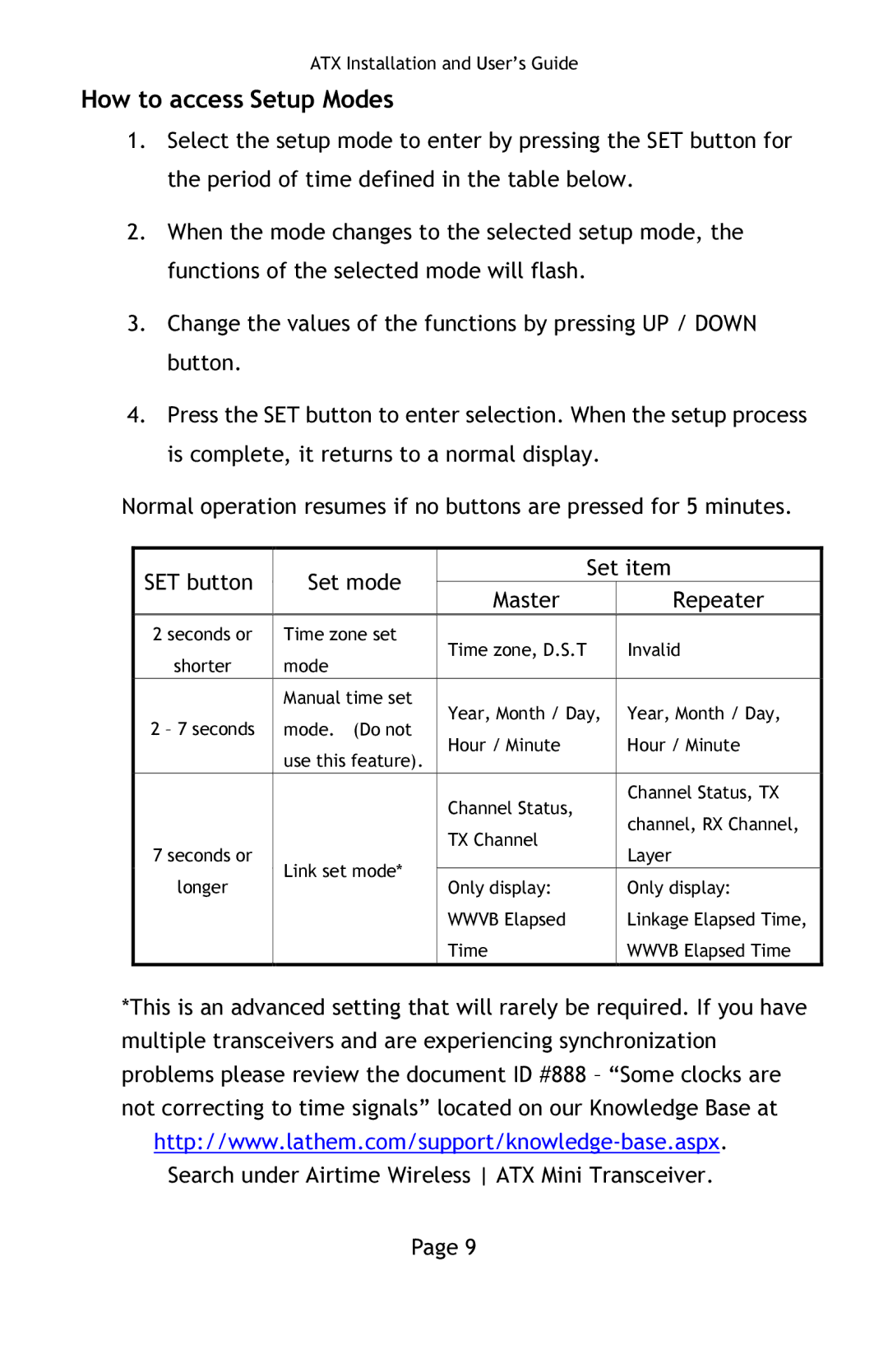 Lathem ATX manual How to access Setup Modes, Master Set itemRepeater 