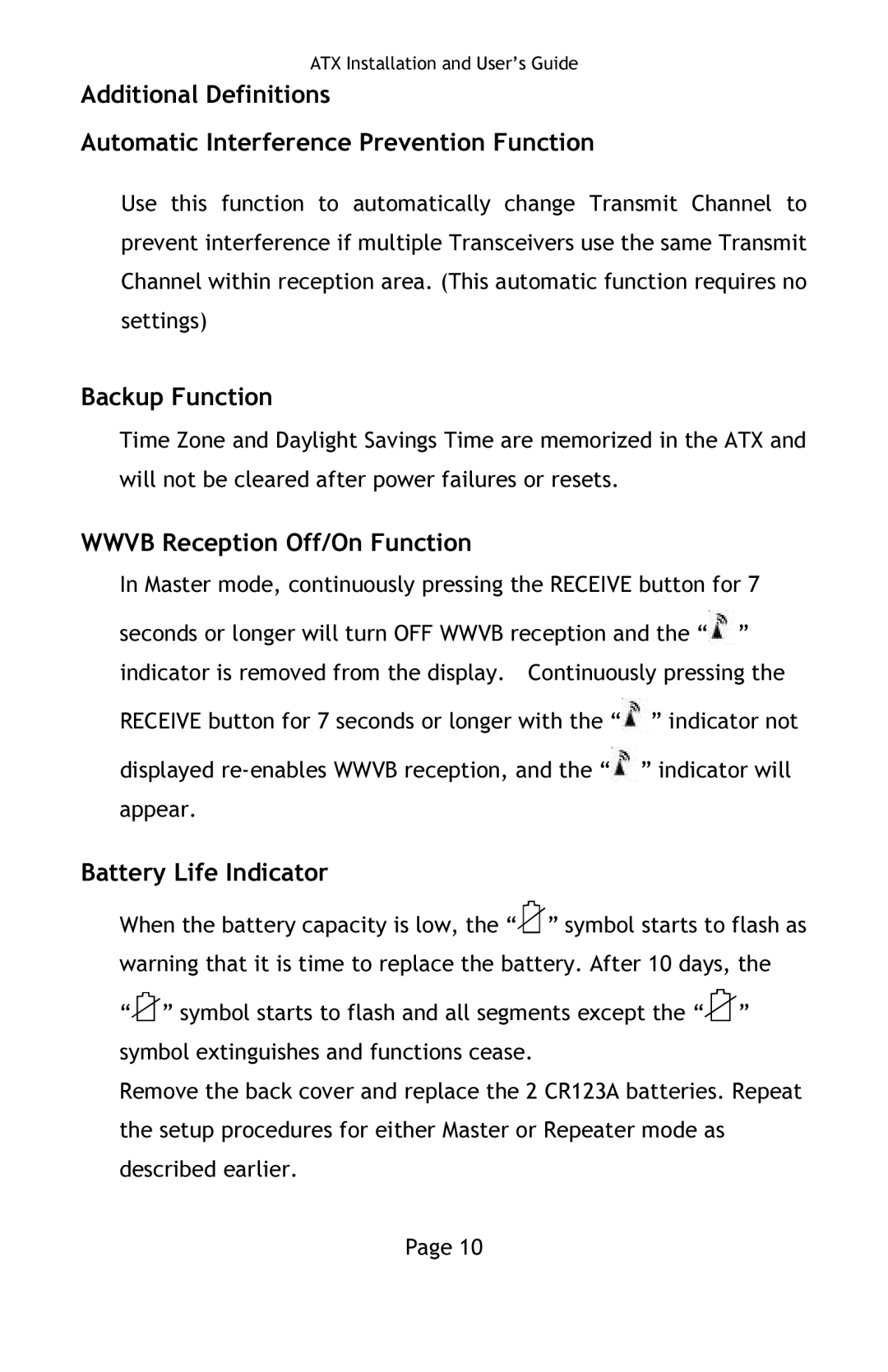 Lathem ATX manual Backup Function, Wwvb Reception Off/On Function, Battery Life Indicator 