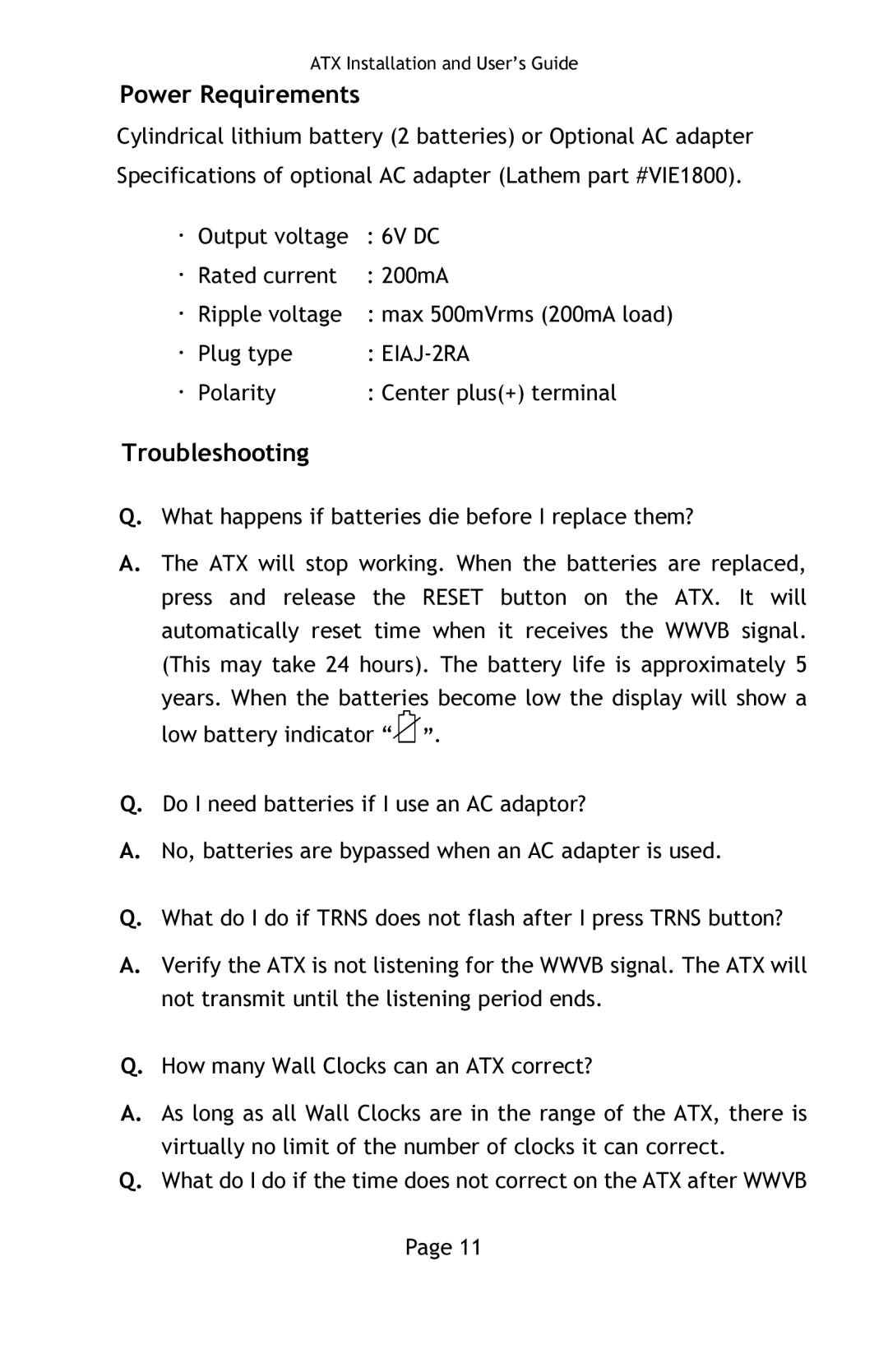 Lathem ATX manual Power Requirements, Troubleshooting 