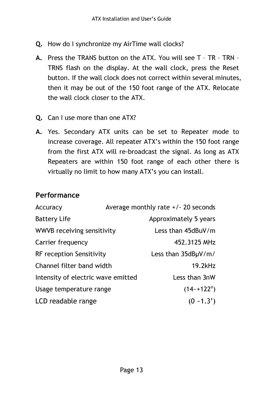 Lathem ATX manual Performance 