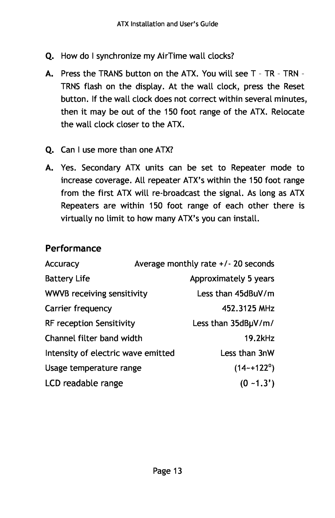 Lathem ATX manual Performance, LCD readable range, 0 ~1.3’ 