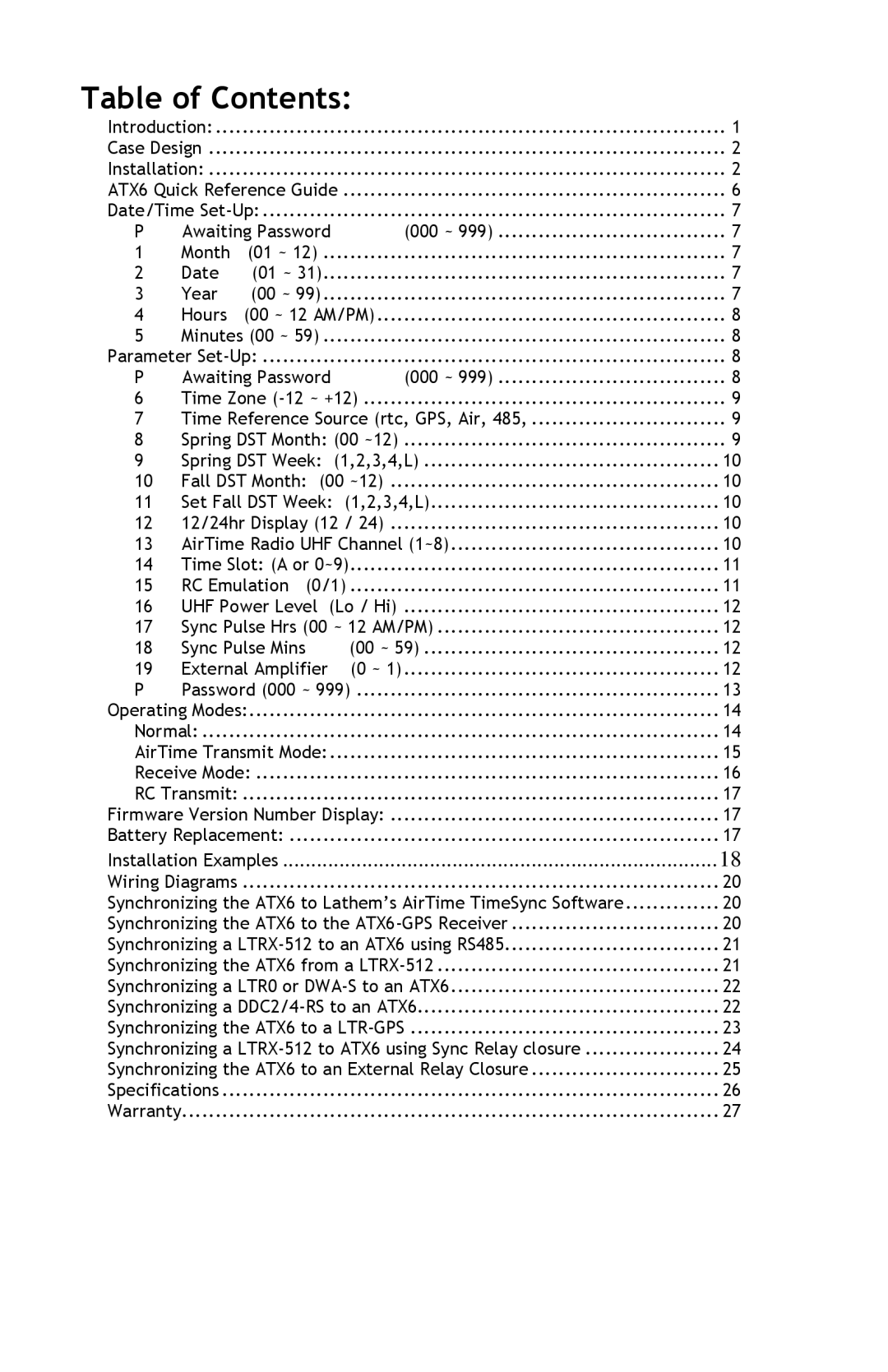 Lathem ATX6 manual Table of Contents 