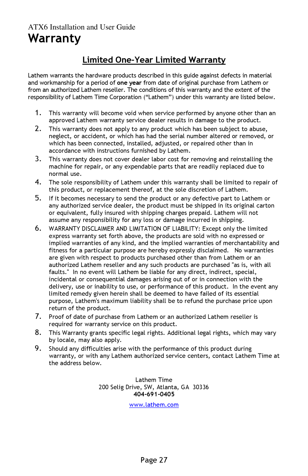 Lathem ATX6 manual Warranty 