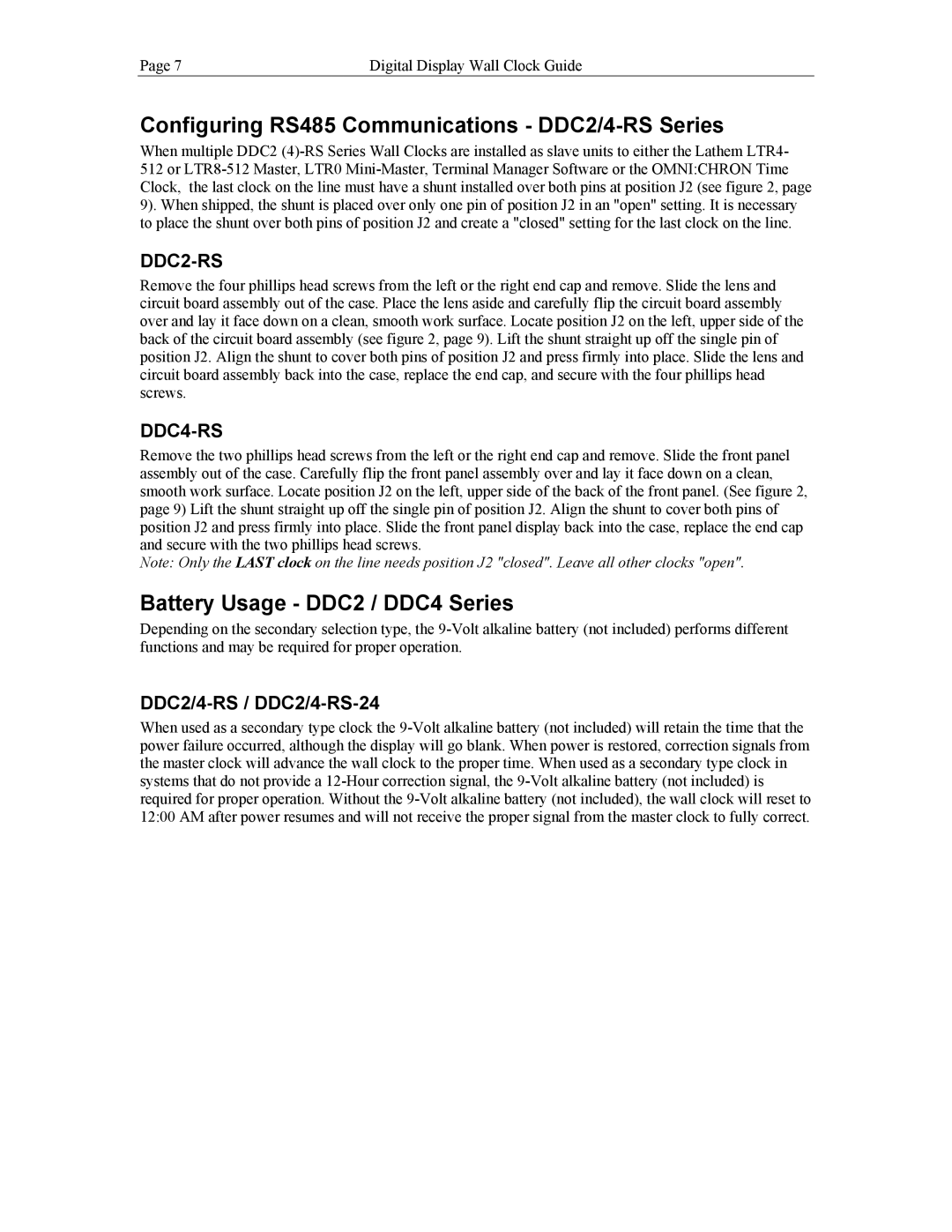 Lathem Configuring RS485 Communications DDC2/4-RS Series, Battery Usage DDC2 / DDC4 Series, DDC2/4-RS / DDC2/4-RS-24 