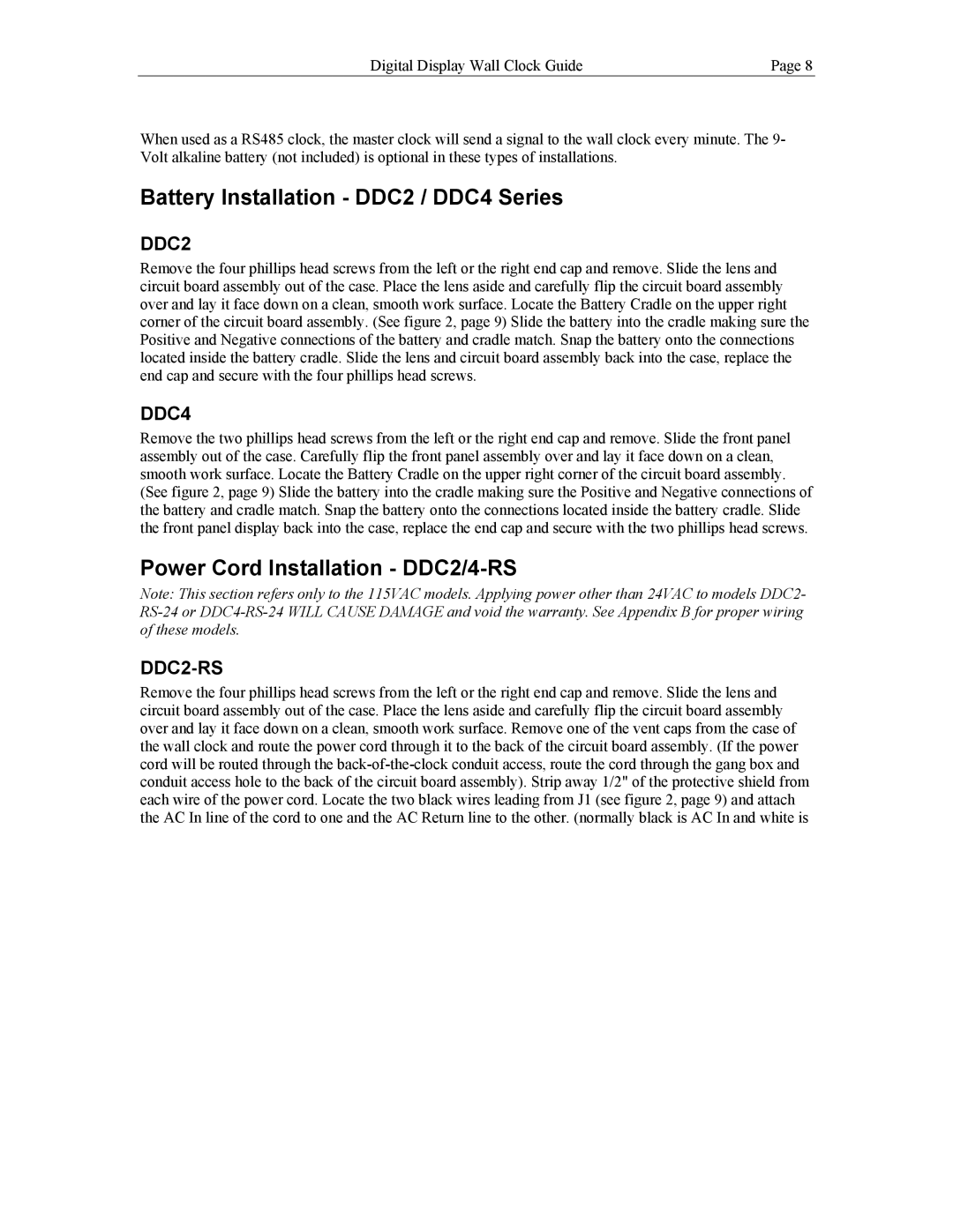 Lathem manual Battery Installation DDC2 / DDC4 Series, Power Cord Installation DDC2/4-RS 