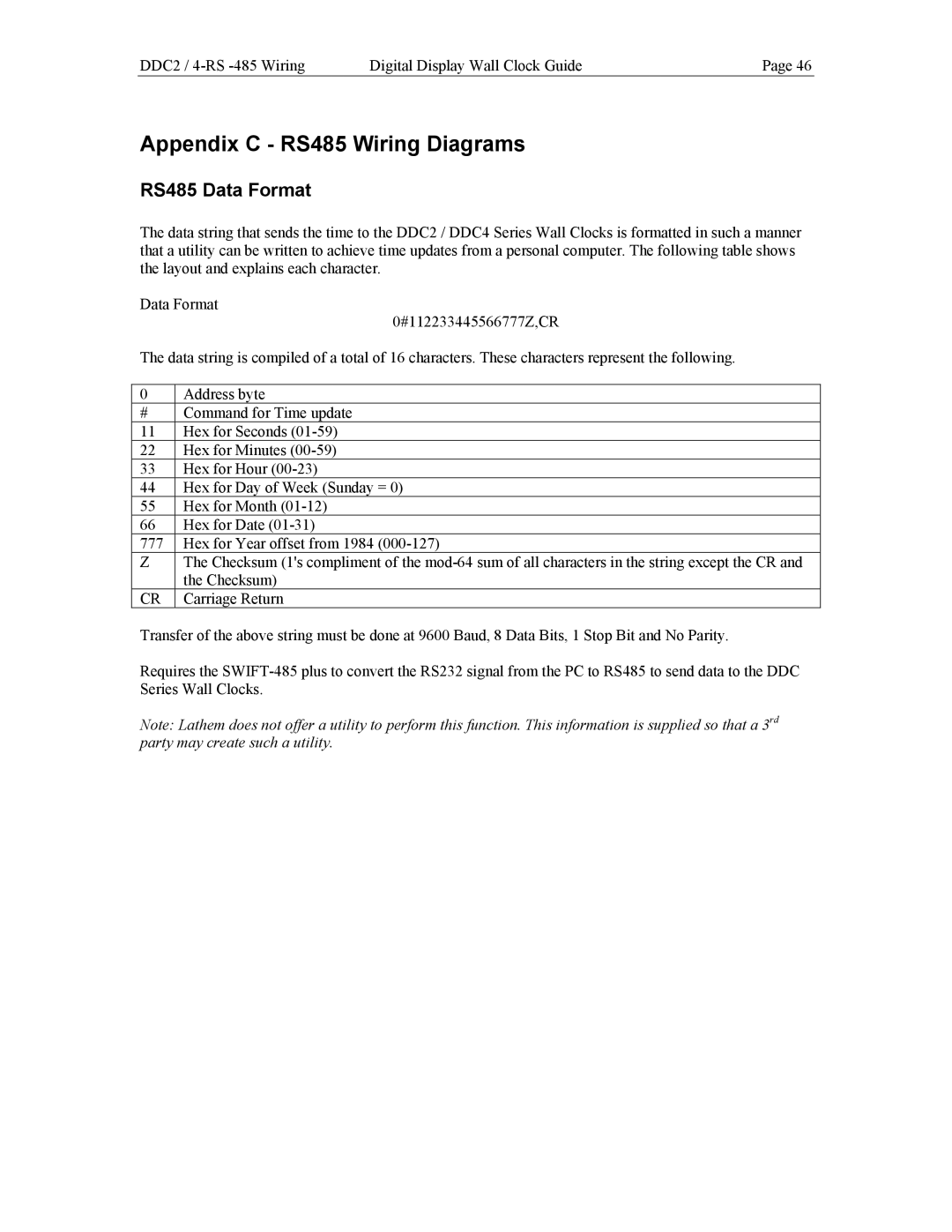 Lathem DDC2, DDC4 manual Appendix C RS485 Wiring Diagrams, RS485 Data Format 