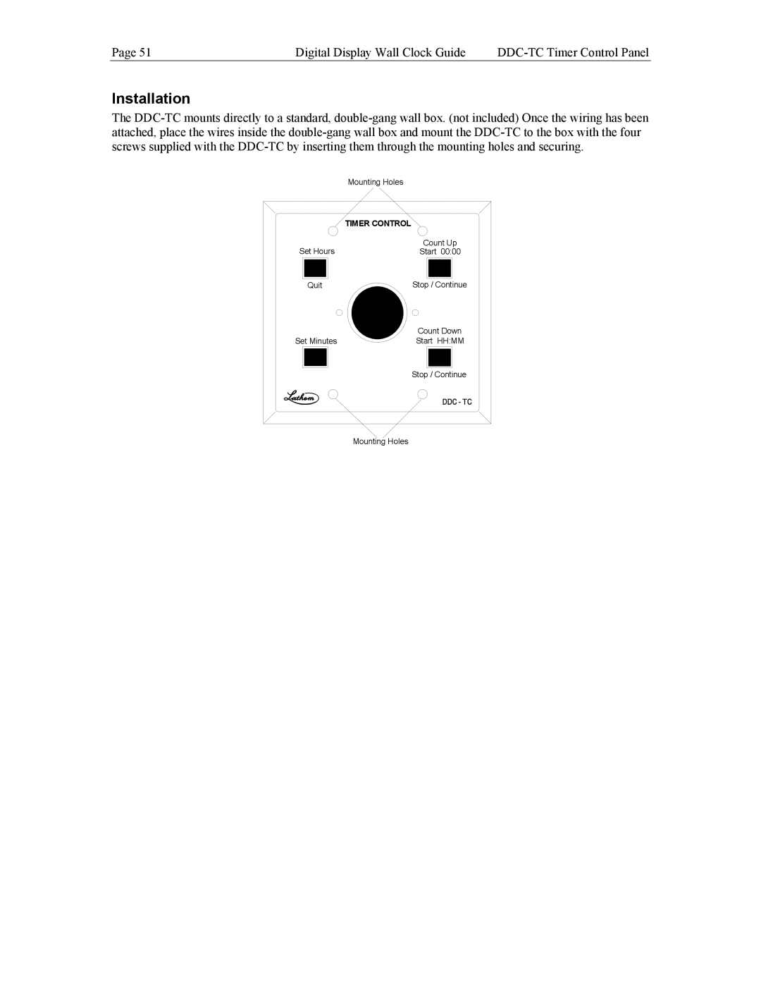 Lathem DDC4, DDC2 manual Installation, Timer Control 