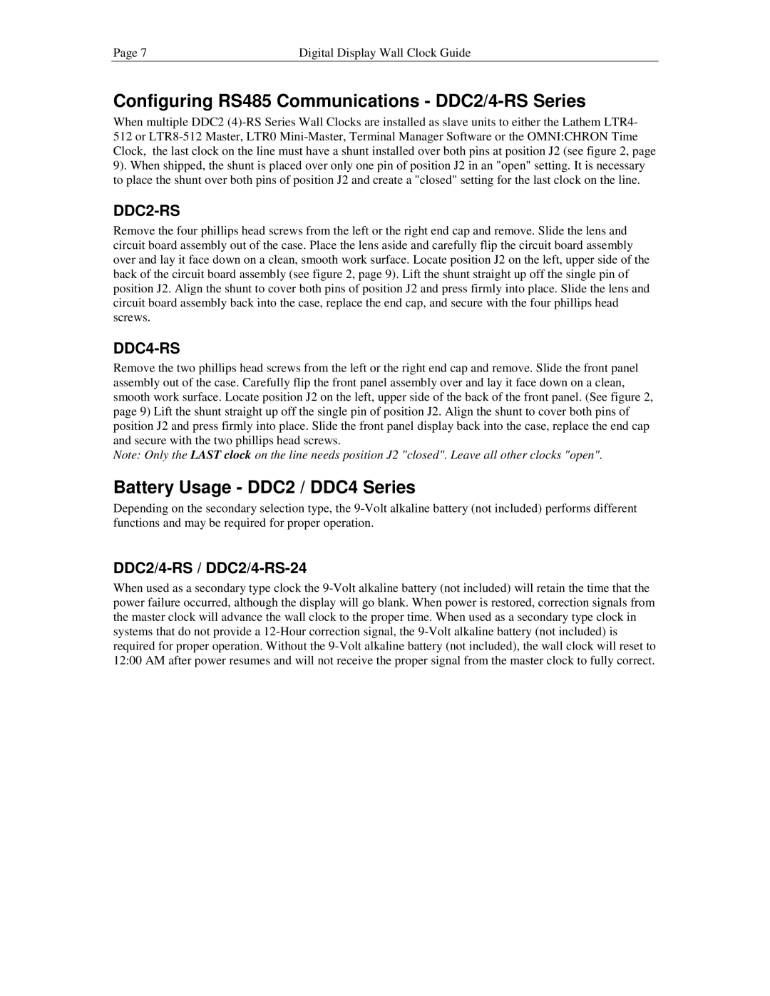 Lathem Configuring RS485 Communications DDC2/4-RS Series, Battery Usage DDC2 / DDC4 Series, DDC2/4-RS / DDC2/4-RS-24 