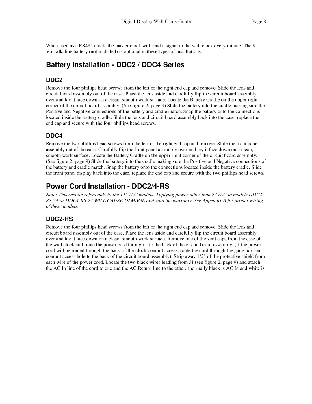 Lathem manual Battery Installation DDC2 / DDC4 Series, Power Cord Installation DDC2/4-RS 