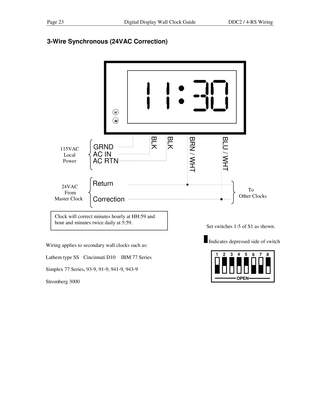 Lathem DDC2 manual Grnd, Ac Rtn, Blk Brn / Wht Blu / Wht, Wire Synchronous 24VAC Correction 