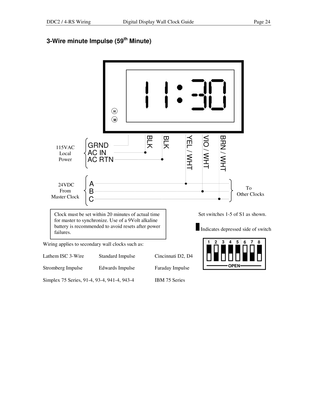 Lathem DDC2 manual Grnd BLK, Yel / Wht Vio / Wht Brn / Wht, Wire minute Impulse 59th Minute 