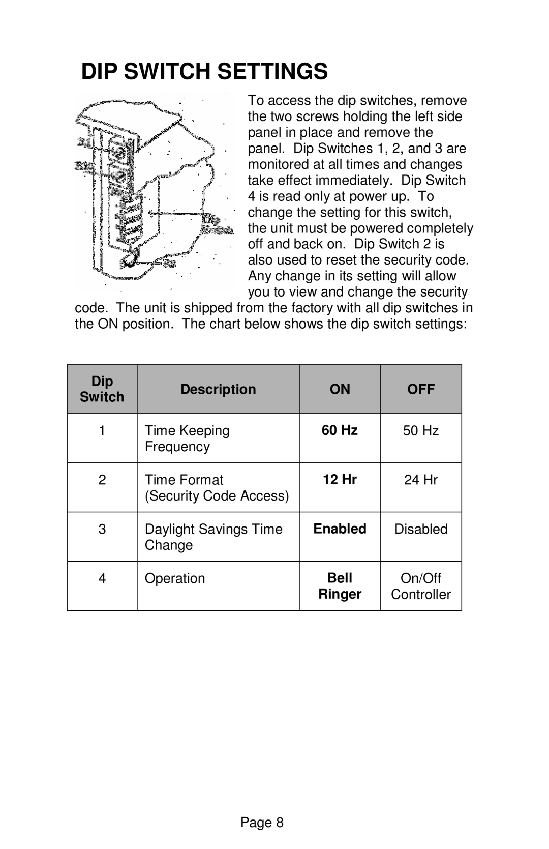 Lathem DWA-S user manual DIP Switch Settings, Off 