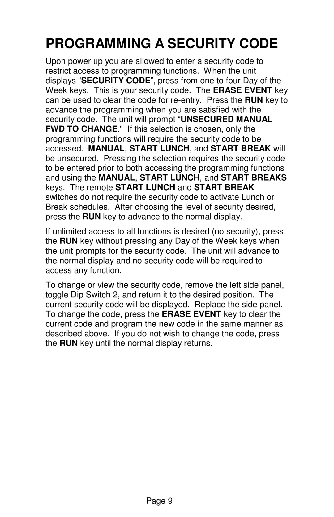 Lathem DWA-S user manual Programming a Security Code 