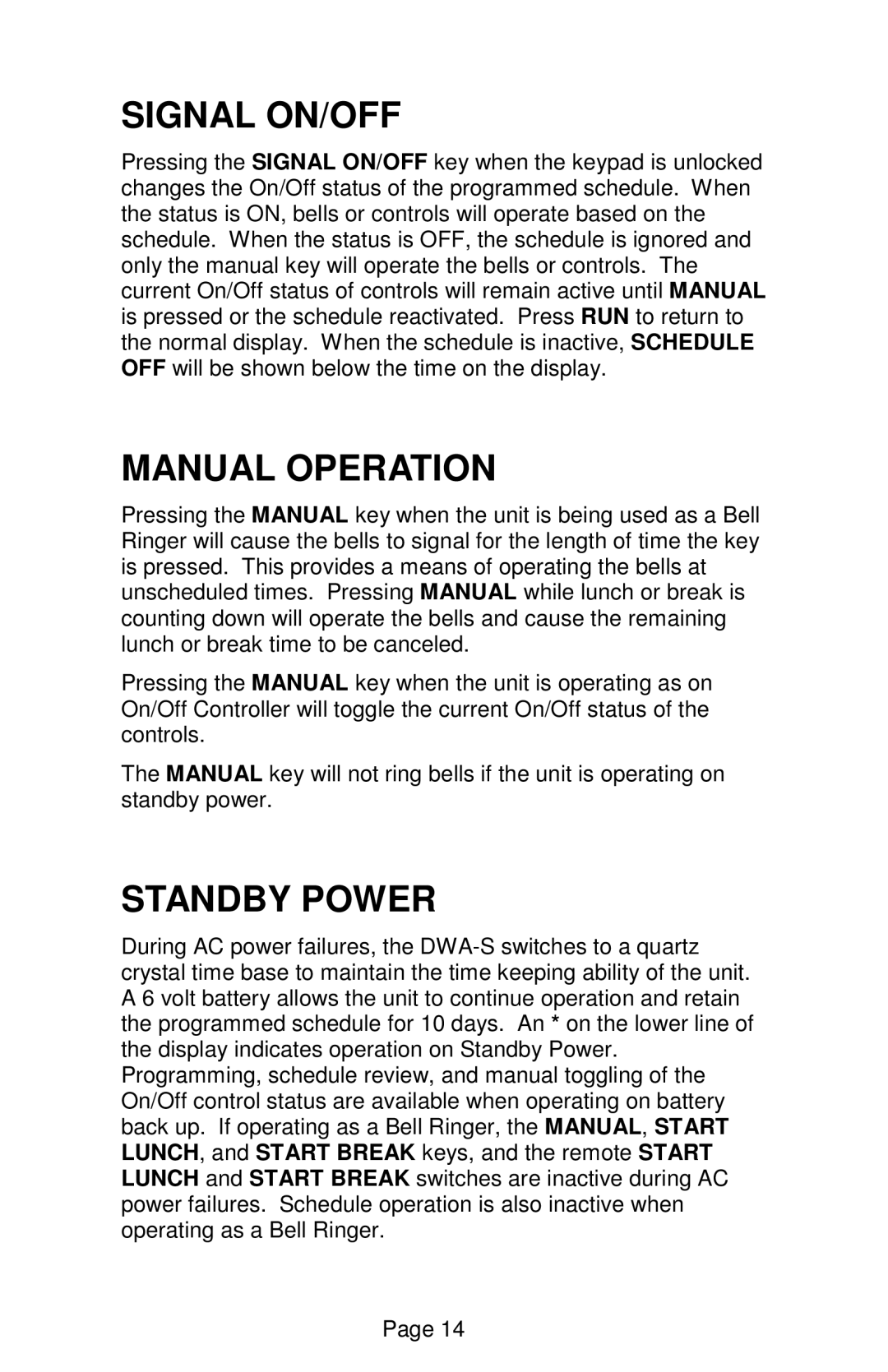 Lathem DWA-S user manual Signal ON/OFF, Manual Operation, Standby Power 