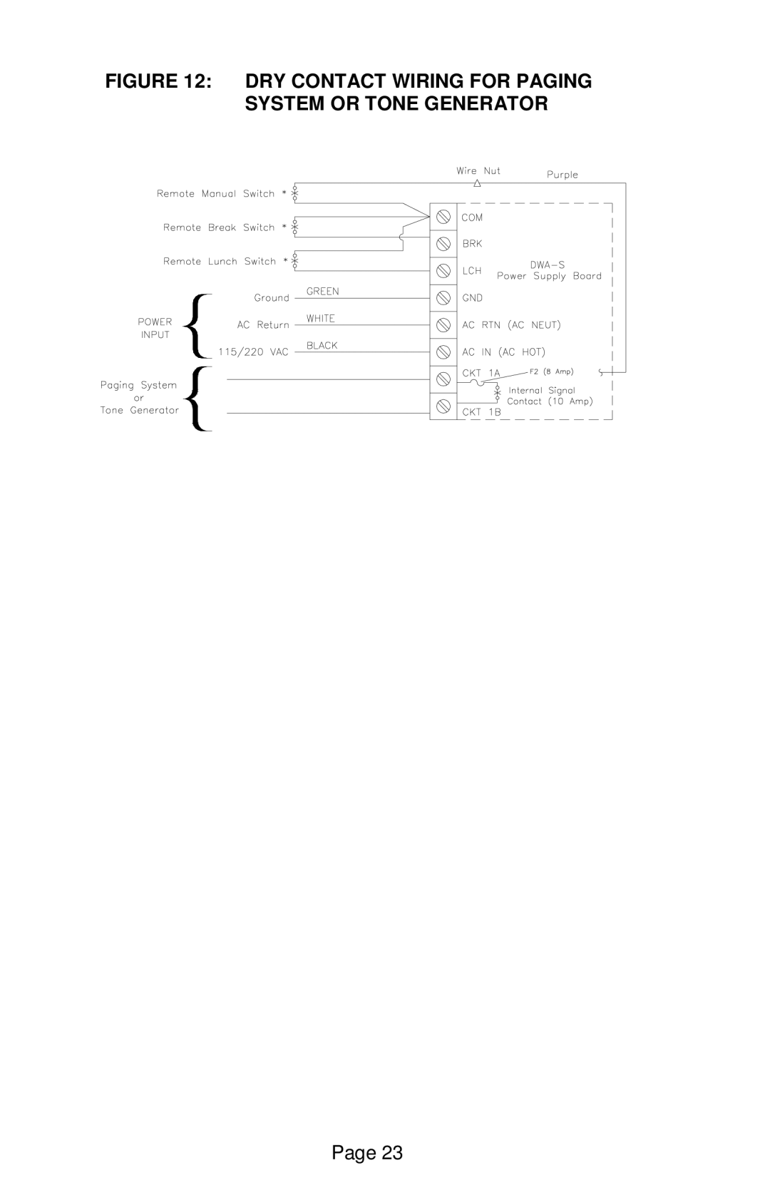 Lathem DWA-S user manual DRY Contact Wiring for Paging System or Tone Generator 