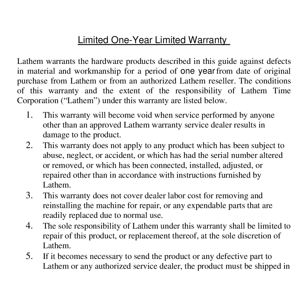 Lathem LTR-RBR manual Limited One-Year Limited Warranty 