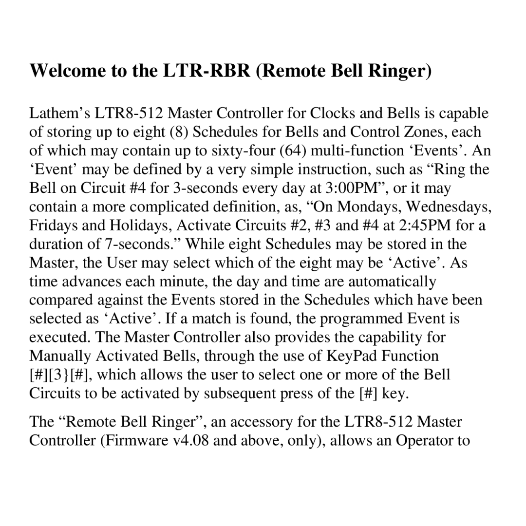 Lathem manual Welcome to the LTR-RBR Remote Bell Ringer 