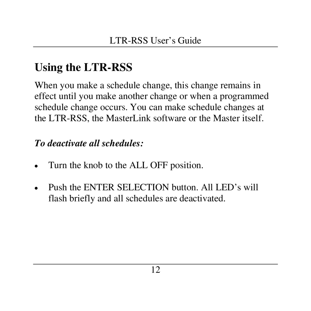 Lathem manual Using the LTR-RSS, To deactivate all schedules 