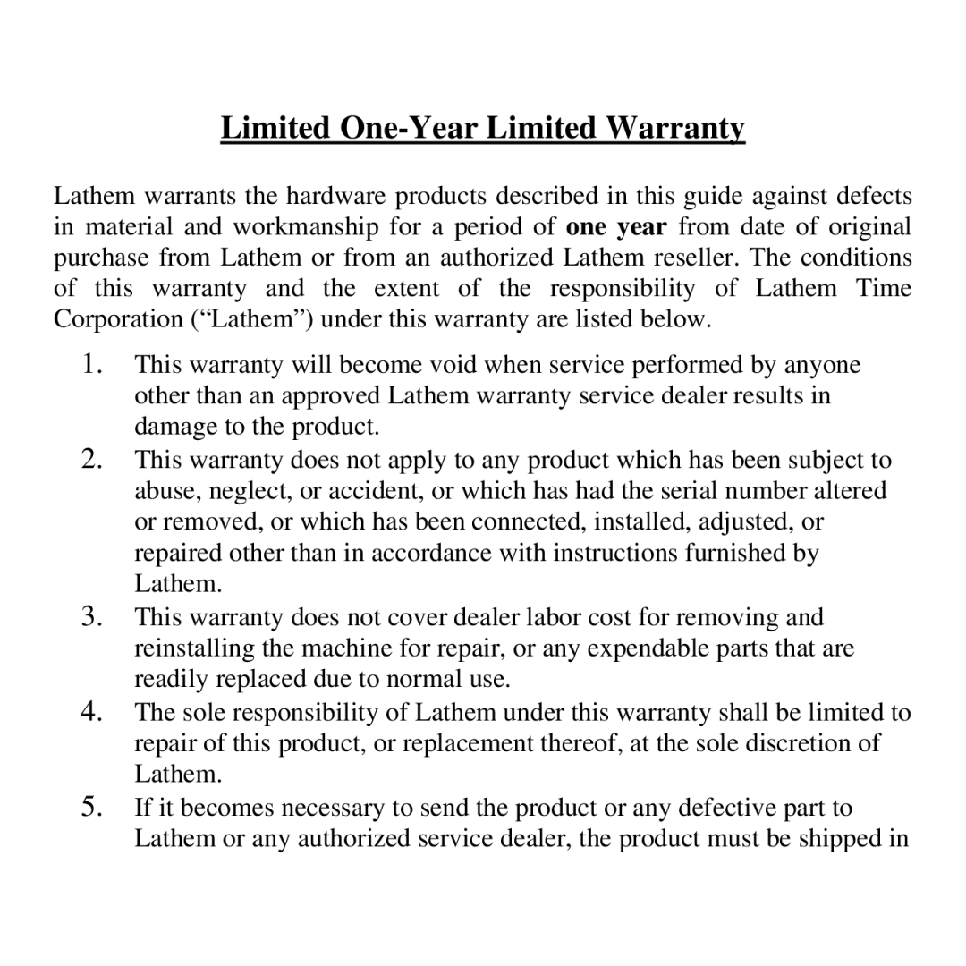 Lathem LTR-RSS manual Limited One-Year Limited Warranty 