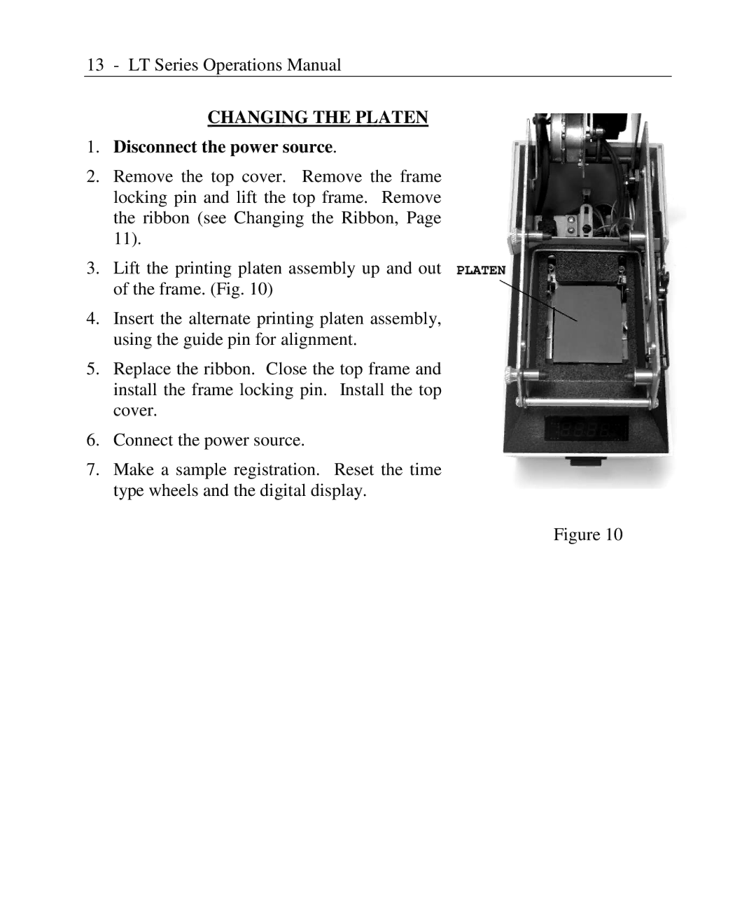 Lathem LTN, LTTNC, LTD, LT Series, LTTC user manual Changing the Platen 